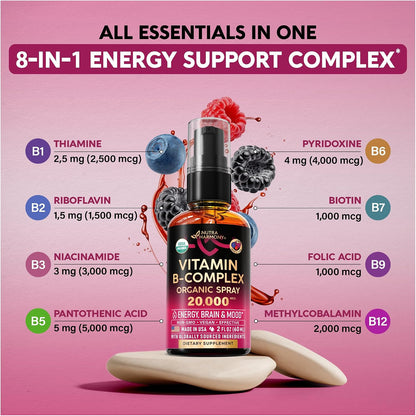 USDA Organic Vitamin B-Complex Liquid Spray 8-in-1 - B5 Pantothenic Acid | B12 Methylcobalamin | B1 Thiamine | B6 Pyridoxine | B7 Biotin | B9 Folate | B3 Niacinamide - Berry Mix Flavour - 2 fl oz (60 ml)