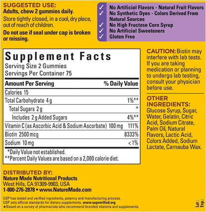Nature Made Hair, Skin and Nails Biotin Gummies - 2500 mcg - 150 Gummies (75-Day Supply)