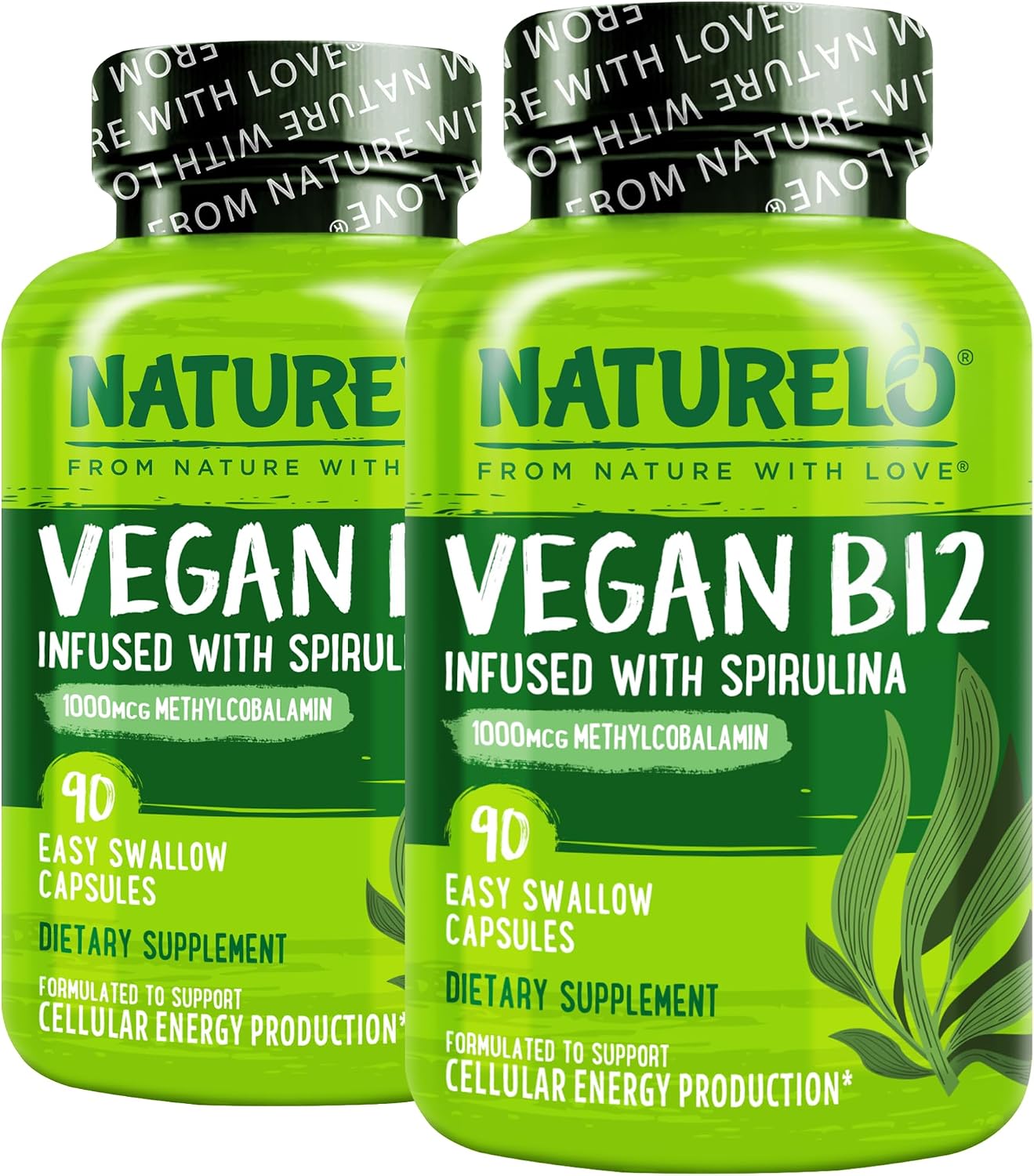 NATURELO Vegan B12 - Methyl B12 with Organic Spirulina - High Potency Vitamin B12 1000 mcg Methylcobalamin - Contributes to Normal Energy Release, Nervous System & Psychological Function - 90 Capsules (Pack of 2) - görsel 1