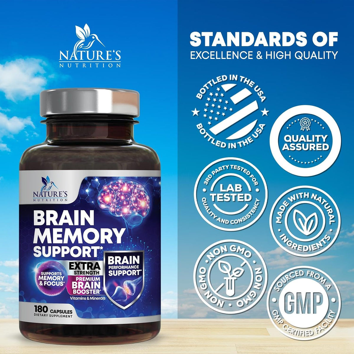 Nature's Nutrition Brain Memory Supplement - 3X Strength Nootropics for Focus, Clarity & Memory, 180 Capsules - görsel 4