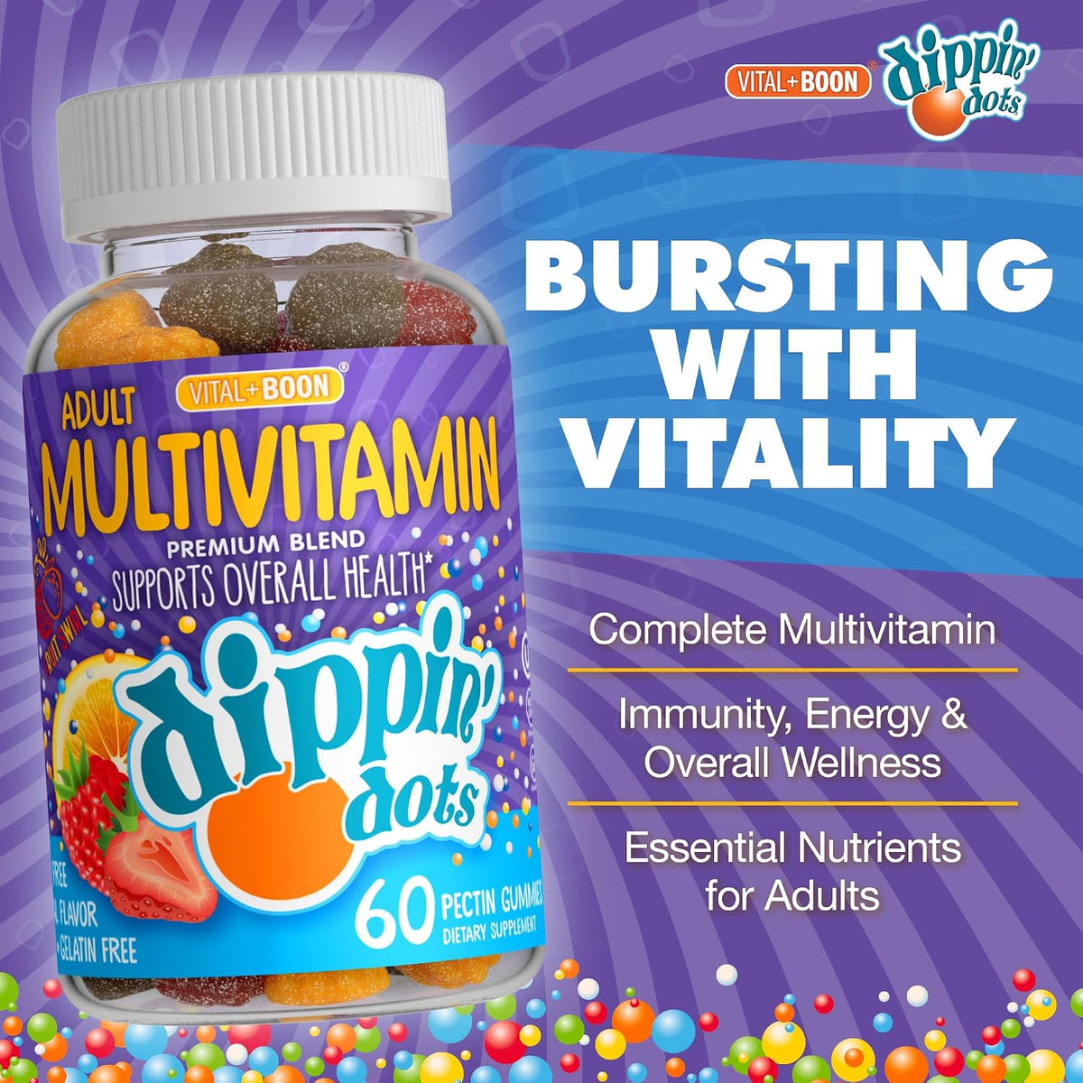 Vital+Boon Dippin' Dots – Multivitamin Gummies for Adults – Gummy Vitamins with Vitamin A, B6, C, D3, E & Folic Acid – Vegetarian, Non-GMO, Gluten-free (60 Gummies) - görsel 2