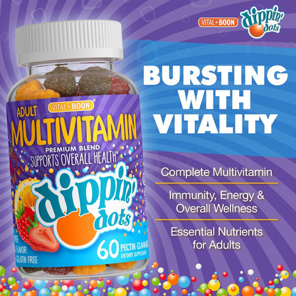 Vital+Boon Dippin' Dots – Multivitamin Gummies for Adults – Gummy Vitamins with Vitamin A, B6, C, D3, E & Folic Acid – Vegetarian, Non-GMO, Gluten-free (60 Gummies)