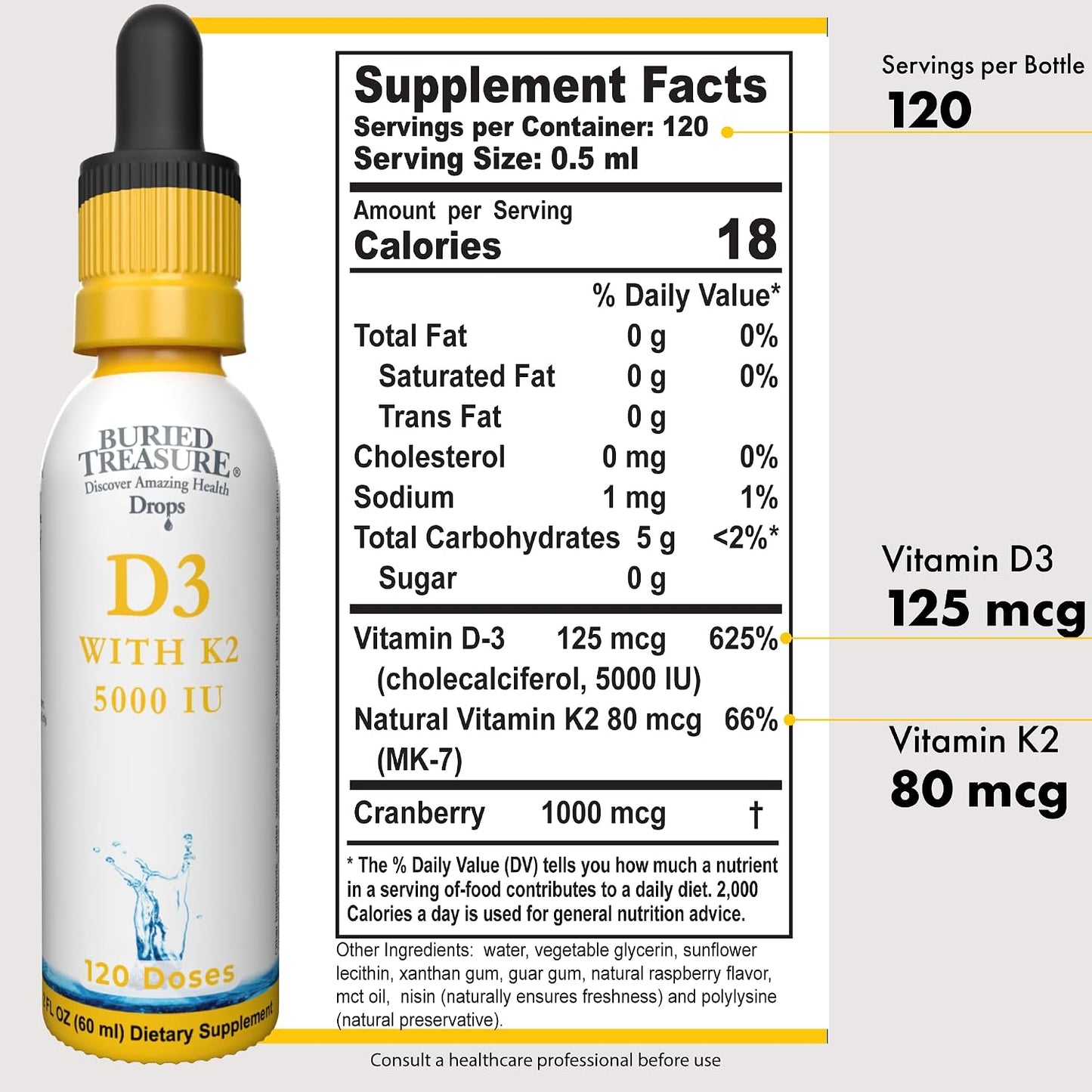 Buried Treasure Vitamin D3 & K2 Drops, 5000 IU D3 with 100 mcg K2, Sugar Free, 60 ml - görsel 2