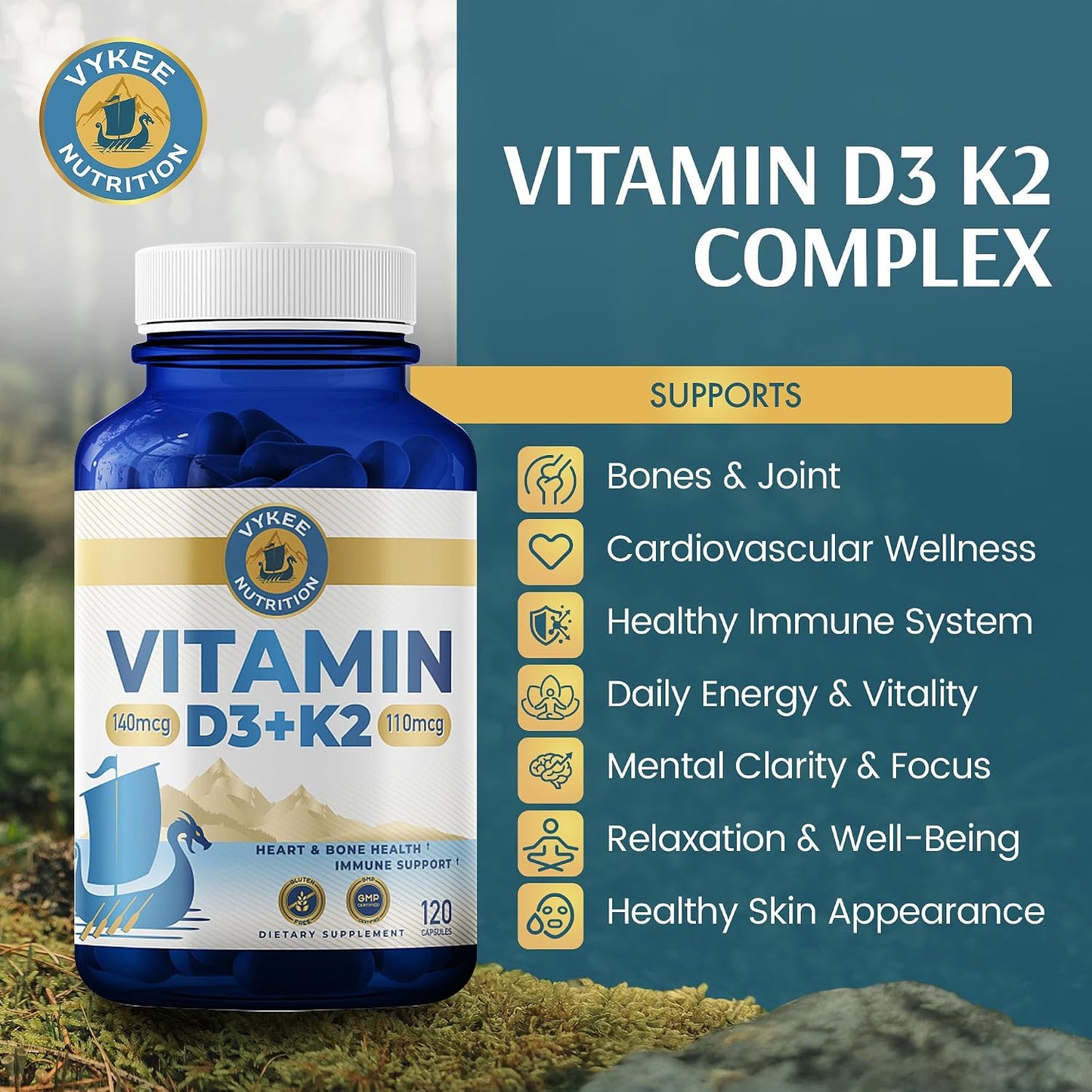 Vykee Nutrition Vitamin D3 K2 Complex – D3 140 µg & K2 (MK-7) 110 µg – 120 Vegan Capsules - görsel 2