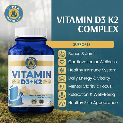 Vykee Nutrition Vitamin D3 K2 Complex – D3 140 µg & K2 (MK-7) 110 µg – 120 Vegan Capsules