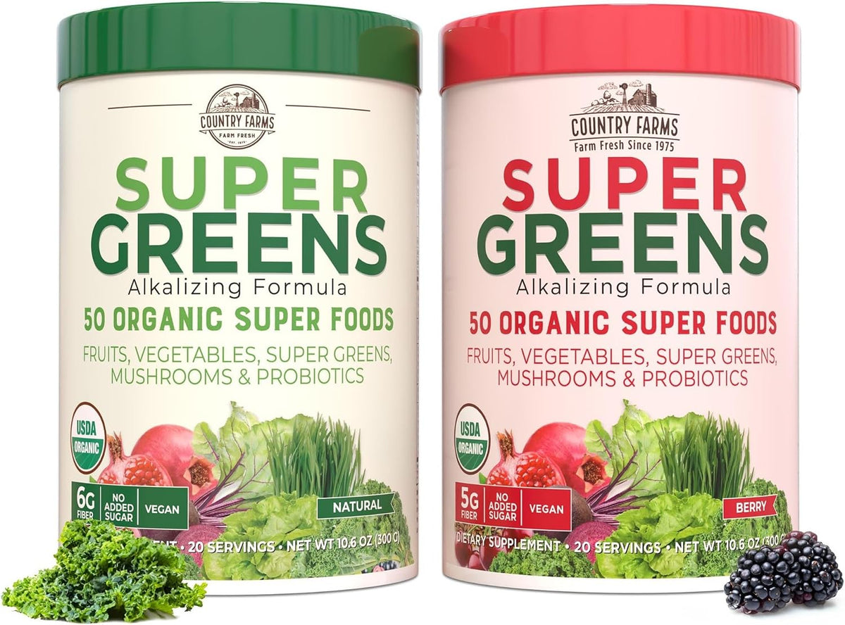 Country Farms Super Greens Power Pack - 50 Organic Superfoods with Probiotics, Unflavoured & Berry, 40 Servings - görsel 1