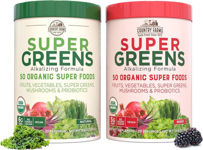 Country Farms Super Greens Power Pack - 50 Organic Superfoods with Probiotics, Unflavoured & Berry, 40 Servings