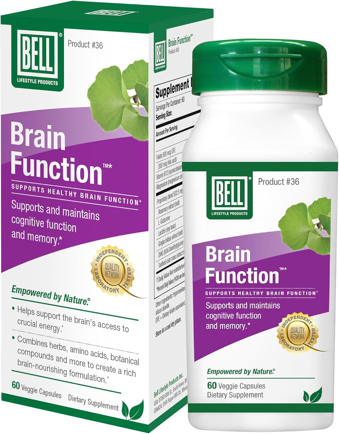 Bell Brain Function Lifestyle – Cognitive Health Support with Ginkgo, Vitamin B12, Folate (60 Vegetarian Capsules) - görsel 1