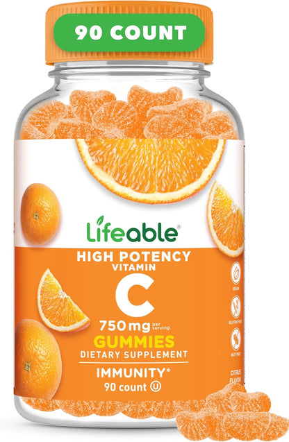 Lifeable Vitamin C Gummies – 750mg, Orange Flavour, Immune Support – 90 Gummies