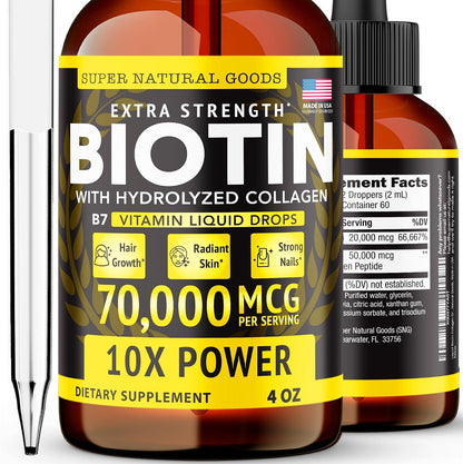 Super Natural Goods Liquid Biotin & Collagen 70,000mcg Hair, Skin & Nail Drops (4 oz / 118 ml)
