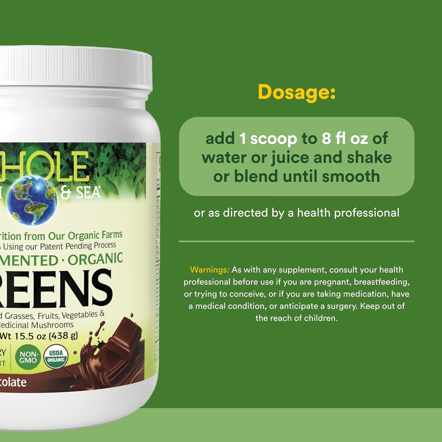 Whole Earth & Sea Organic Fermented Greens Powder - Chocolate (440 g) - görsel 3