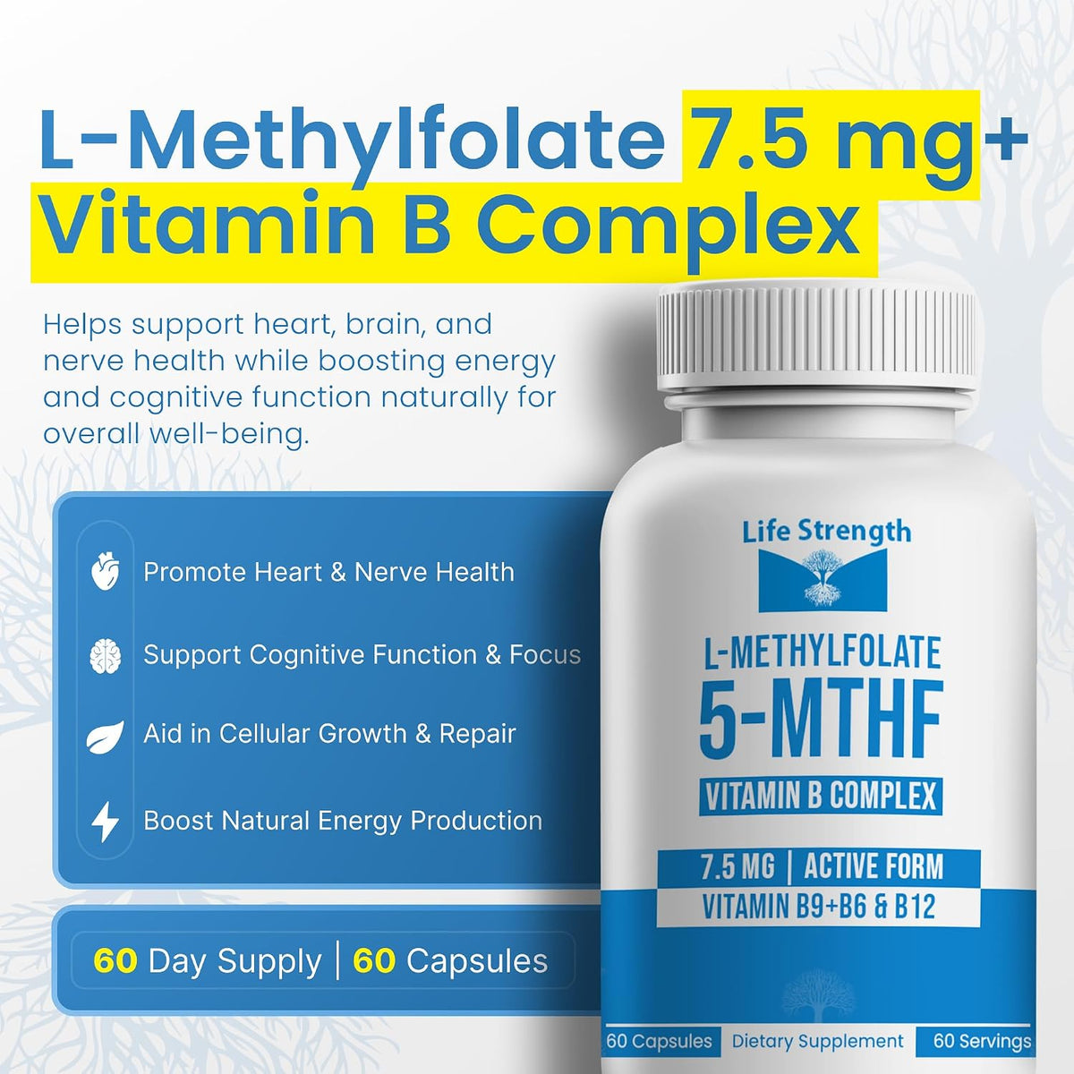L-Methylfolate 7.5mg + Vitamin B Complex - 5-MTHF, B6 & B12 Methylcobalamin - 60 Capsules - Professional Strength Active Methyl Folate - görsel 4