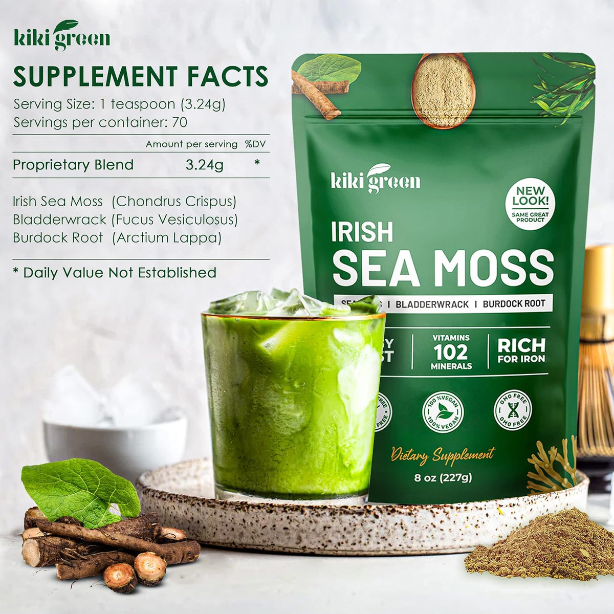 KIKI Green Irish Sea Moss Powder – Bladderwrack & Burdock Root – 227 g – Vegan Immune Support - görsel 3