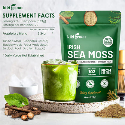 KIKI Green Irish Sea Moss Powder – Bladderwrack & Burdock Root – 227 g – Vegan Immune Support
