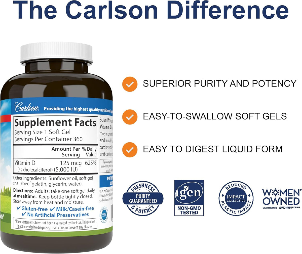 Carlson Vitamin D3 5000 IU (125 mcg) Softgels – 360 count - görsel 2
