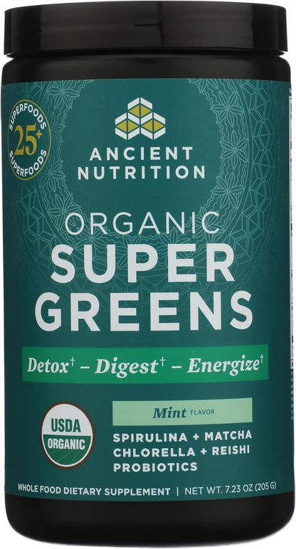 Ancient Nutrition SuperGreens Powder with Probiotics – Organic Peppermint Flavour – 25 Servings