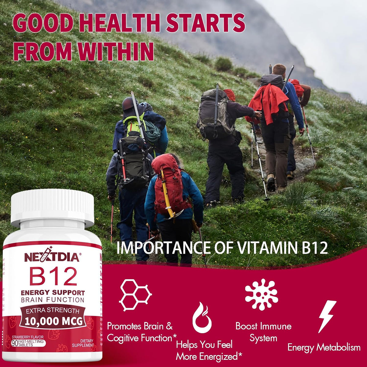 Methylated Vitamin B12 10,000 mcg Sublingual Tablets – Natural Strawberry Flavour, 180 Count - görsel 3