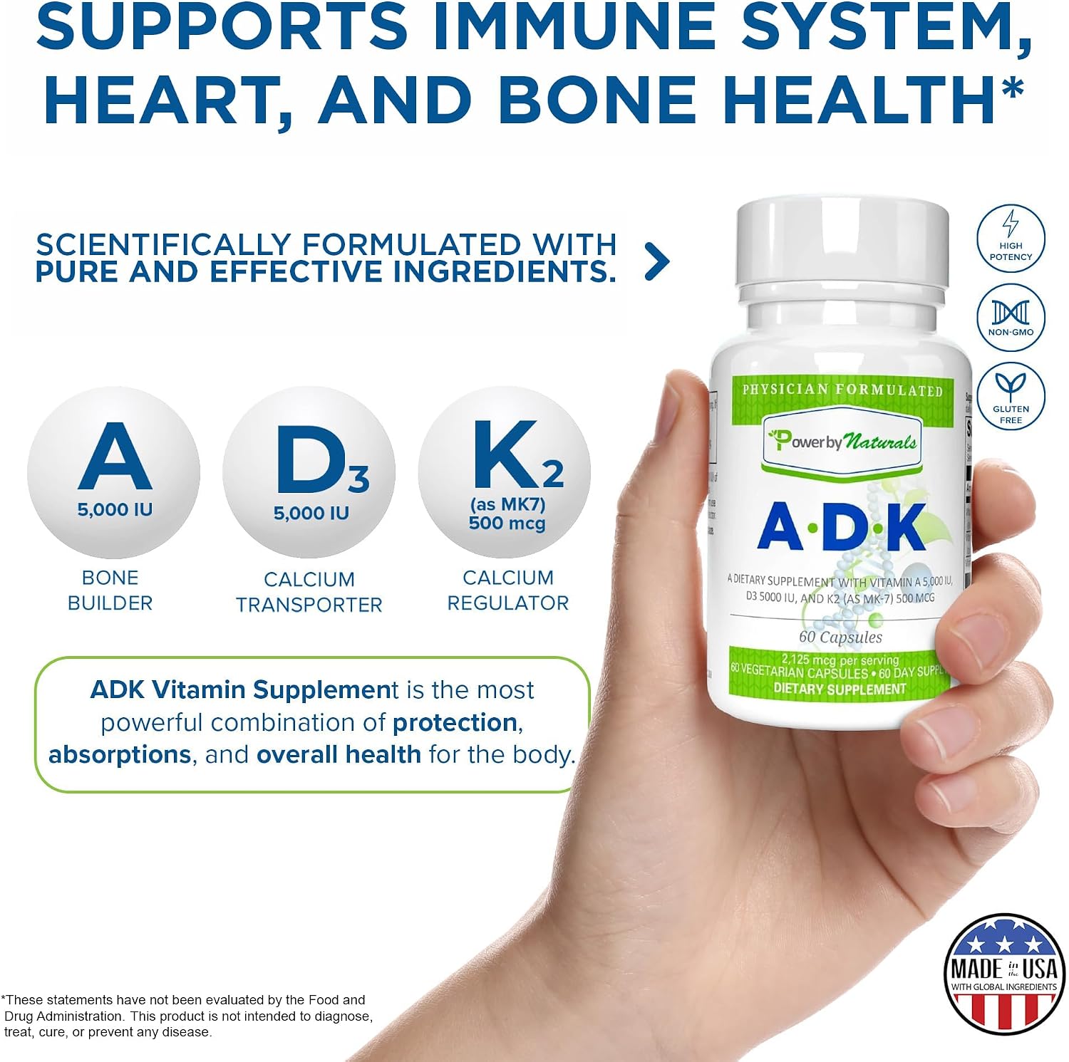 Power By Naturals ADK Vitamin Supplement - Vitamins A, D3, K2 MK-7 - 60 Capsules - görsel 9