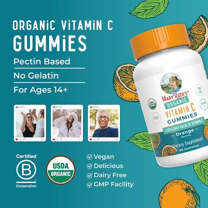 MARYRUTH'S Adult Vitamin C Gummies | USDA Organic | Vegan Chewable Vitamin C Gummies for Ages 14+ | for Immune Support & Overall Wellness | Vegan | Non-GMO | Orange Flavour | 60 Count
