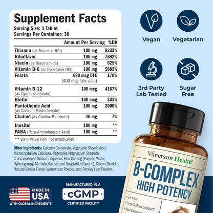 Vitamin B Complex with B12, Niacin, B6, Folic Acid – High Potency, One a Day