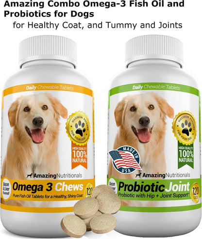 Amazing Omega-3 Fish Oil and Probiotics Combo for Dogs - 120 Tasty Chews Each (Pack of 2)