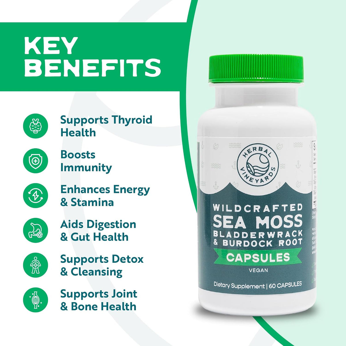 Herbal Vineyards Organic Wildcrafted Vegetable Capsules - Irish Sea Moss, Bladderwrack, and Burdock Root - 1500mg, 60 Capsules - görsel 2