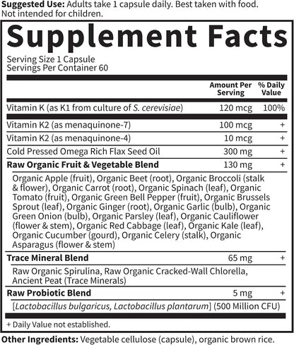 Garden of Life Raw Vitamin Code K Complex - Vitamin K1 & K2 Supplement with Probiotics, 60 Vegan Capsules