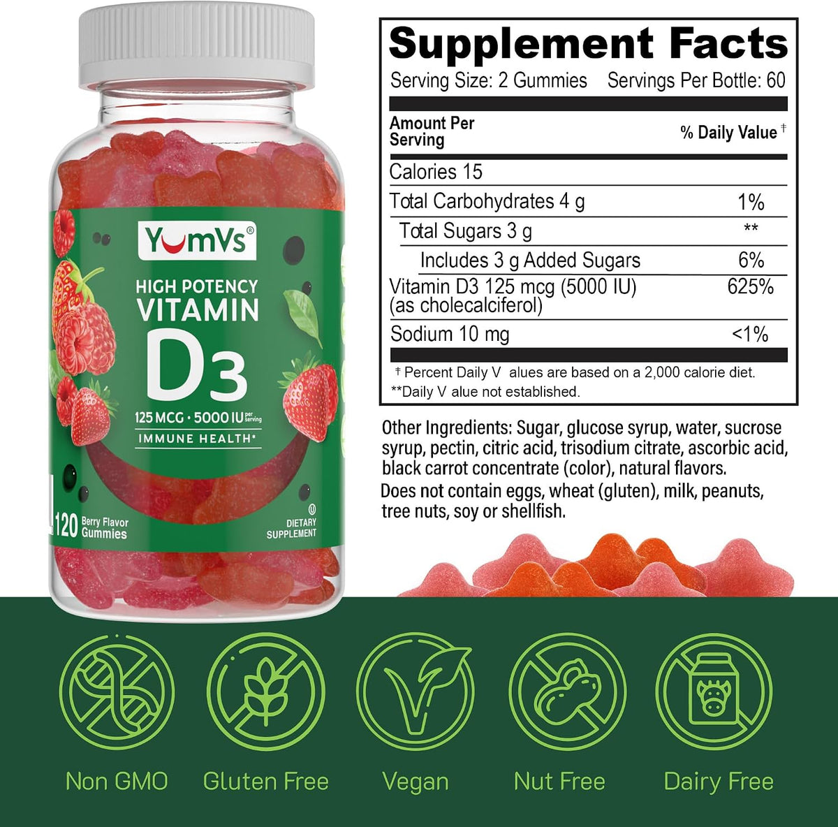 YUM-V'S Vitamin D3 Gummies 5000 IU (125 mcg) – For Normal Immune Function & Bone Health – Non-GM, Gluten-Free, 120 Count - görsel 5