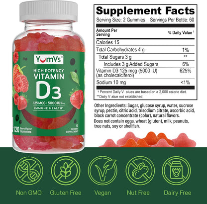 YUM-V'S Vitamin D3 Gummies 5000 IU (125 mcg) – For Normal Immune Function & Bone Health – Non-GM, Gluten-Free, 120 Count