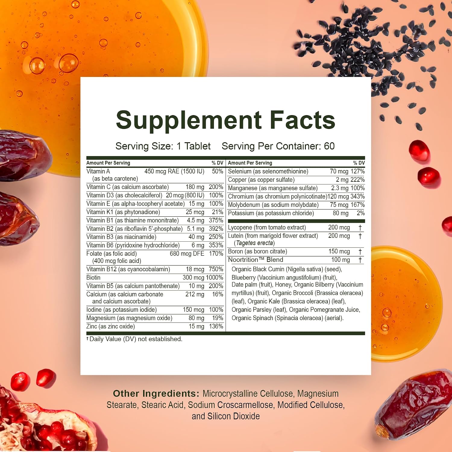 Noor Vitamins Energy+ Multivitamin; Halal Vitamin for Energy & Immunity, 26 Vitamins & Minerals, Black Seed, Dates, Honey, Gelatine Free, 2 Month Supply - görsel 2