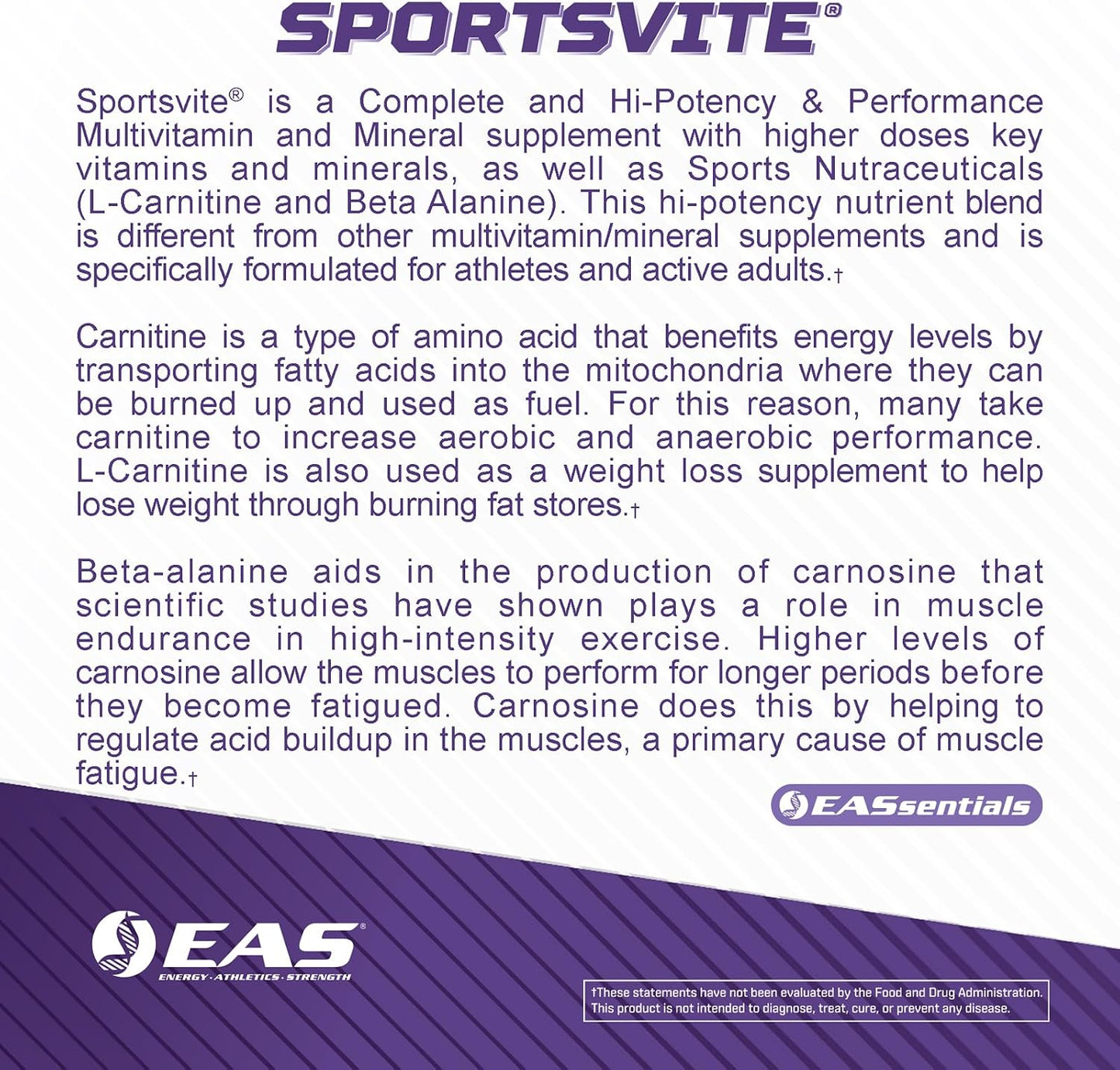 EAS SportsVite High Potency Multivitamin for Athletes | Vitamin & Mineral Nutrient Blend | 2300mg Beta Alanine, 2000mg Carnitine Tartrate | 180 Tablets - görsel 5