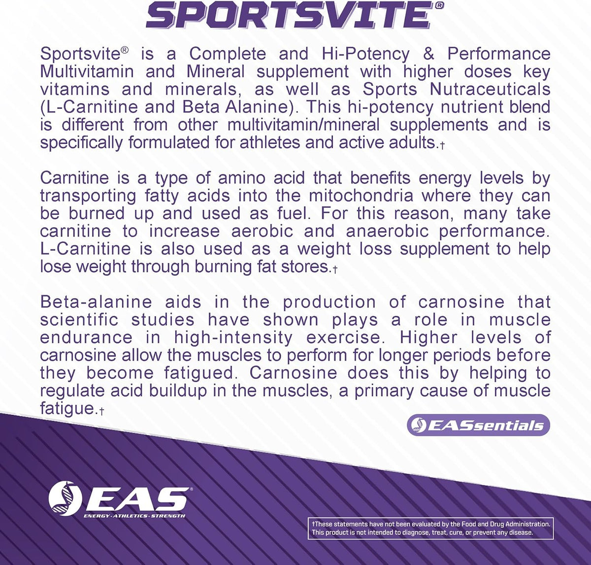 EAS SportsVite High Potency Multivitamin for Athletes | Vitamin & Mineral Nutrient Blend | 2300mg Beta Alanine, 2000mg Carnitine Tartrate | 180 Tablets - görsel 5