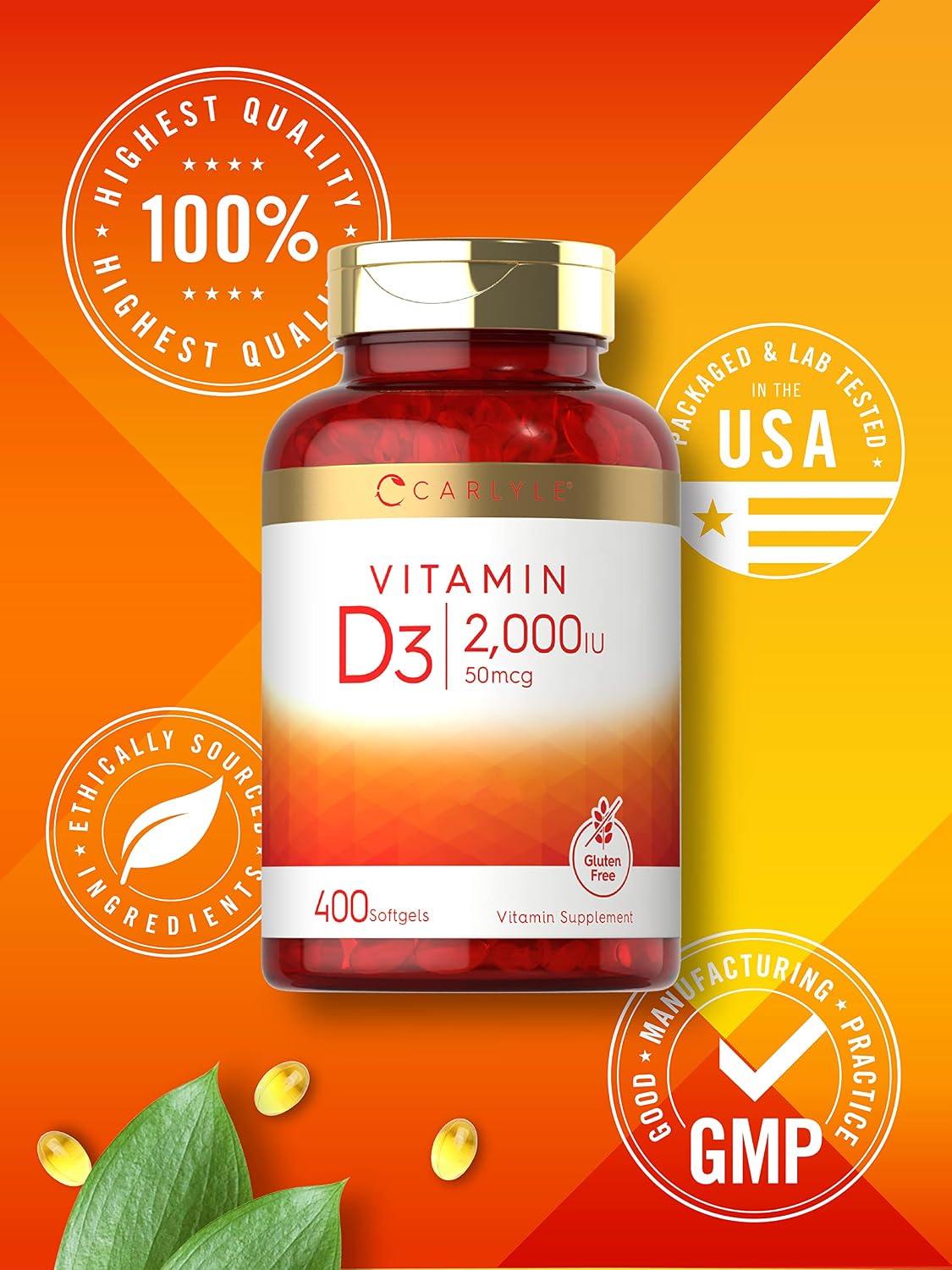 Carlyle Vitamin D3 2000IU Softgels - 400 Capsules, Non-GM, Gluten-free - görsel 5