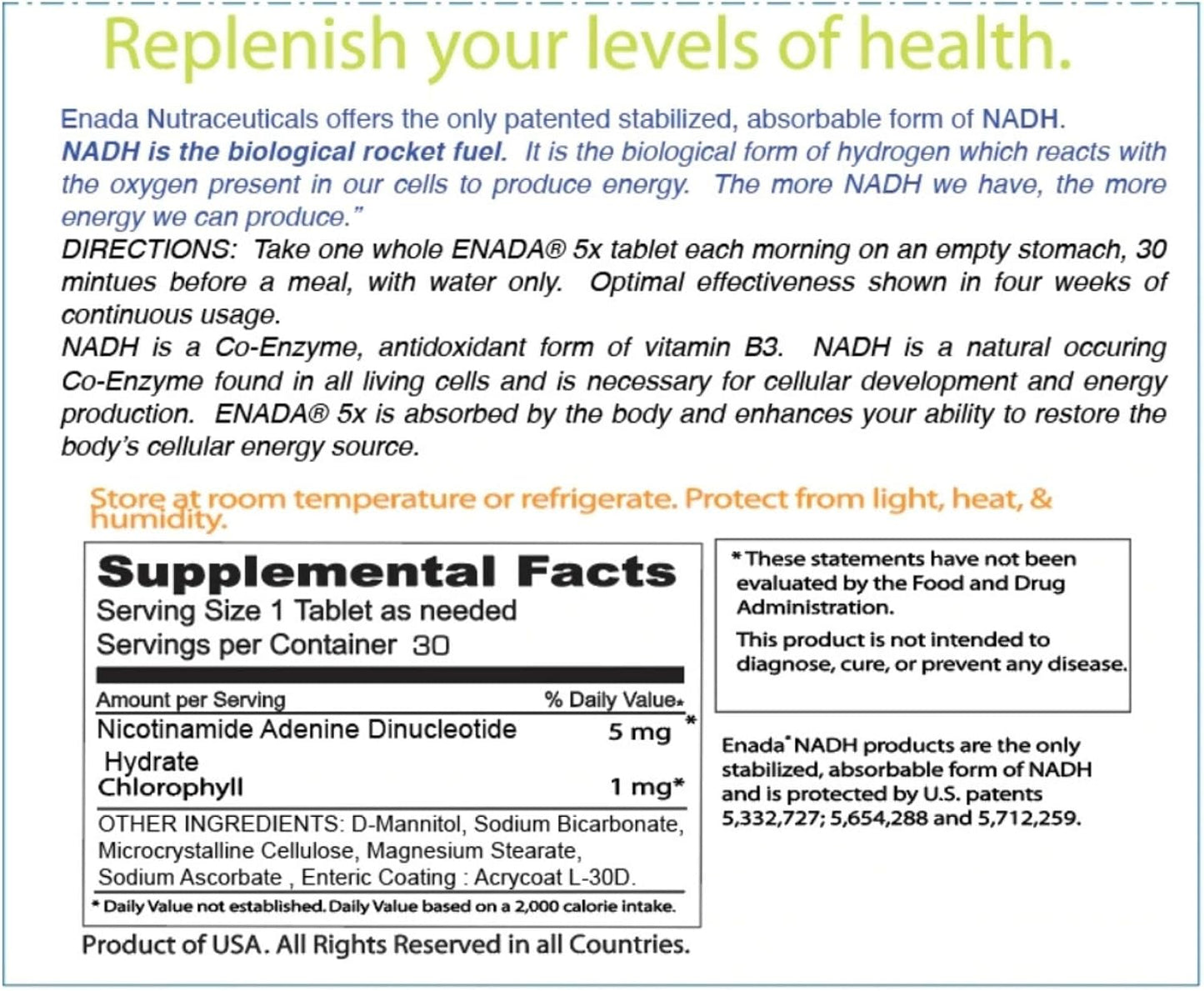 ENADA 5mg NADH with Chlorophyll – 30 Sublingual Tablets - görsel 2