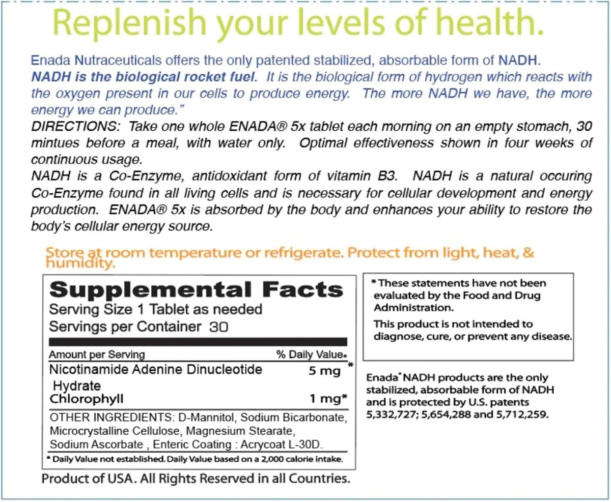 ENADA 5mg NADH with Chlorophyll – 30 Sublingual Tablets - görsel 2