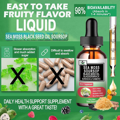 Sea Moss Black Seed Oil Soursop Liquid Drops with Bladderwrack Burdock Root Turmeric – Multimineral and Vitamin Superfood Drops
