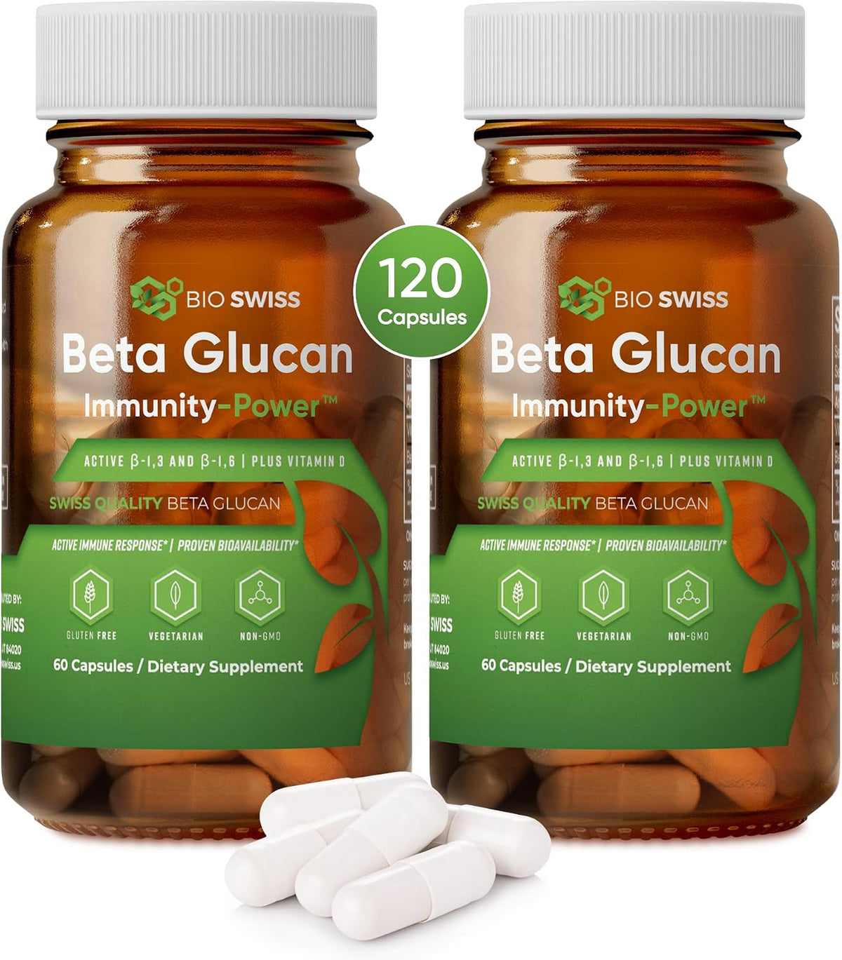 Bio Swiss Beta Glucan Immunity Power - 1,3D-1,6D Glucan with Vitamin D - Immune Support Supplement for Enhanced Defence and Wellness - Vegan, Gluten-Free (120 Capsules) - görsel 1
