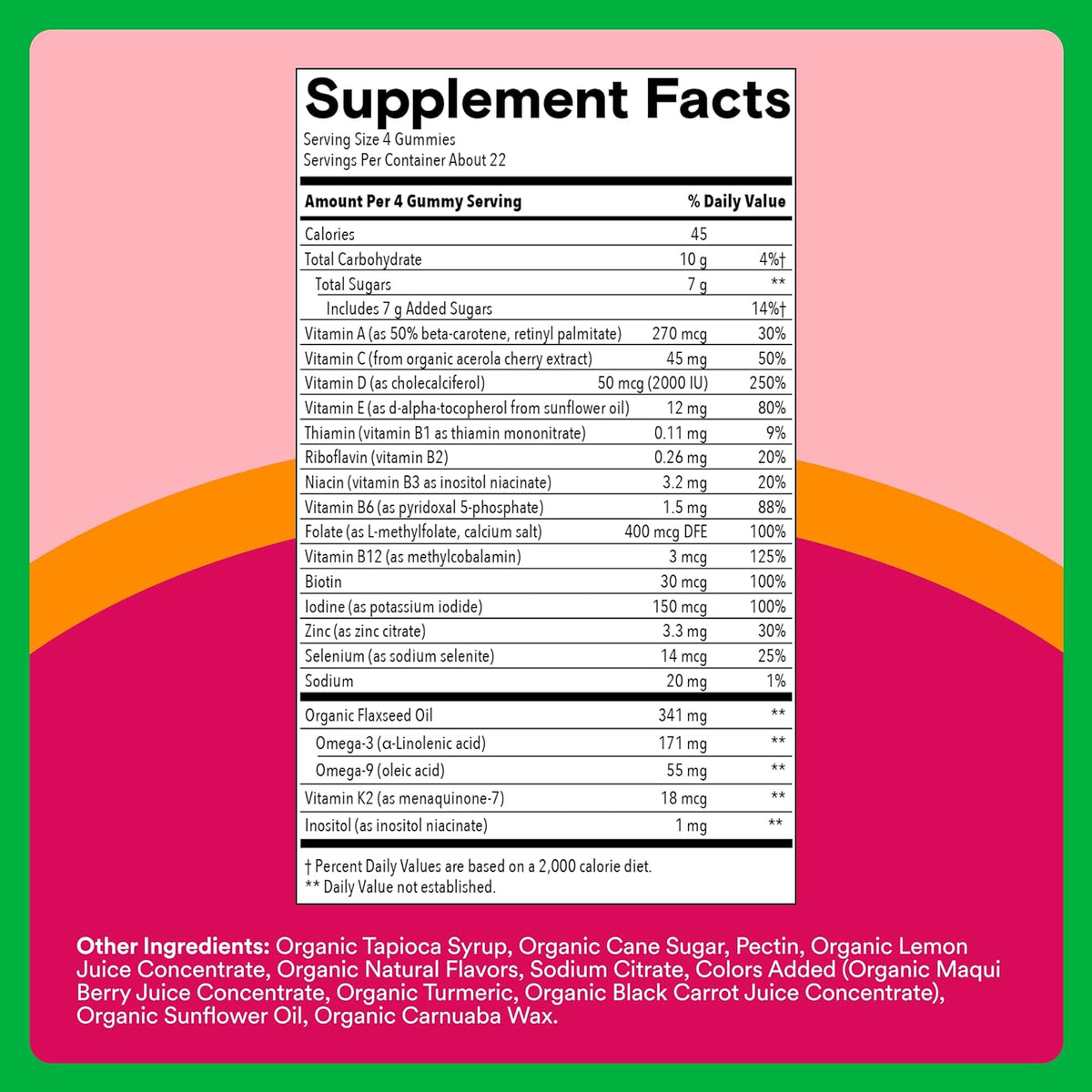 SmartyPants Organic Women's Multivitamin Gummies: Biotin, Methylfolate, Omega-3 (ALA), Vitamin D3, C, Vitamin B12, B6, A, K & Zinc, Inositol, Gluten-free, Vegetarian, 120 Count (30 Day Supply) - görsel 3
