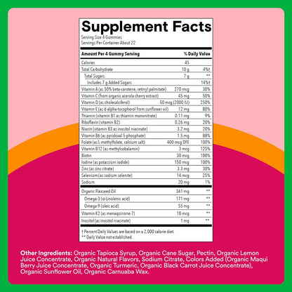 SmartyPants Organic Women's Multivitamin Gummies: Biotin, Methylfolate, Omega-3 (ALA), Vitamin D3, C, Vitamin B12, B6, A, K & Zinc, Inositol, Gluten-free, Vegetarian, 120 Count (30 Day Supply)