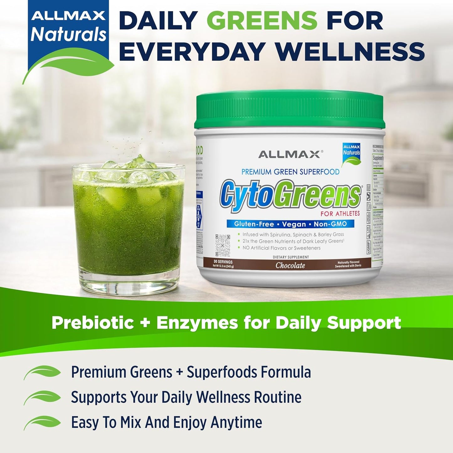 ALLMAX CytoGreens Super Greens Powder, Acai Berry Green Tea, 30 Servings - görsel 3