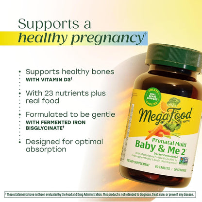 MegaFood Baby & Me 2 Prenatal Vitamin and Mineral Tablets - 120 Tablets (60 Servings)