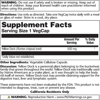 SOLARAY Yellow Dock Root, 500mg, 100 Vegan Capsules