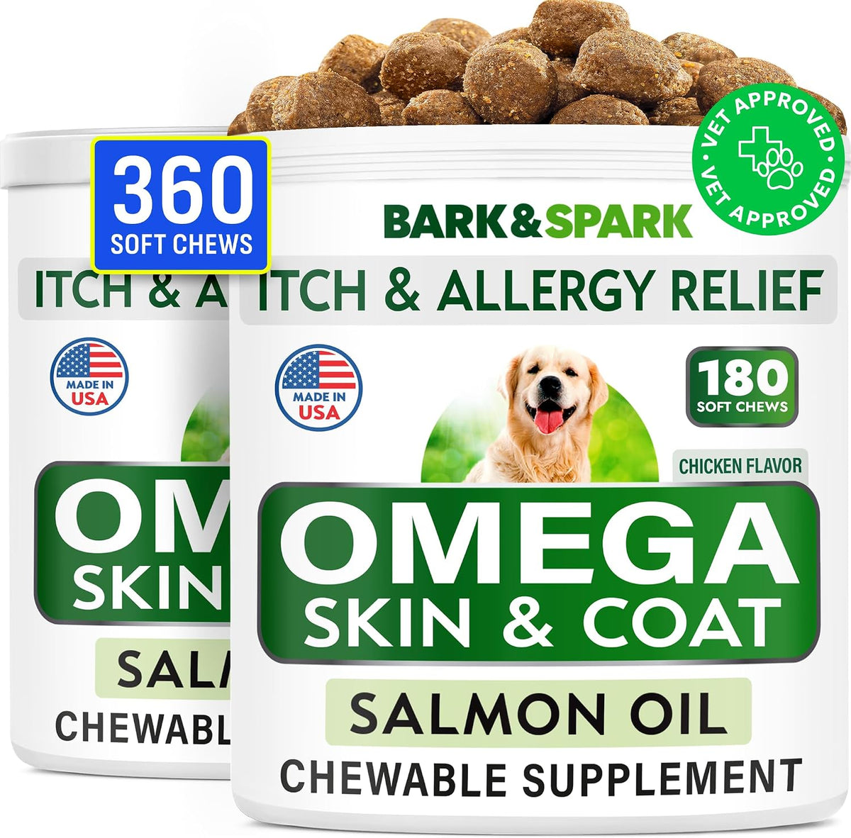 BARK&SPARK Omega-3 for Dogs - 360 Fish Oil Chews for Shedding, Skin Allergy, Itch Relief, Hot Spots Support - Joint Health - Skin and Coat Supplement - EPA & DHA Fatty Acids - Salmon Oil - Bacon Flavour - görsel 10
