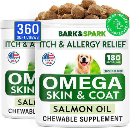 BARK&SPARK Omega-3 for Dogs - 360 Fish Oil Chews for Shedding, Skin Allergy, Itch Relief, Hot Spots Support - Joint Health - Skin and Coat Supplement - EPA & DHA Fatty Acids - Salmon Oil - Bacon Flavour
