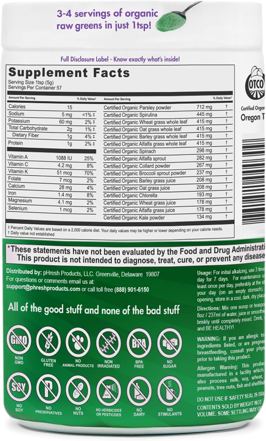 pHresh Greens Raw Alkalising Superfood Greens Powder - 2-Month Supply - Vegan, Kosher, Gluten-Free - görsel 3