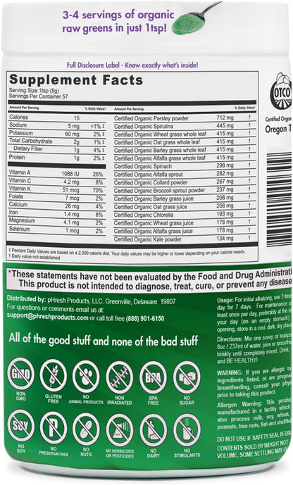 pHresh Greens Raw Alkalising Superfood Greens Powder - 2-Month Supply - Vegan, Kosher, Gluten-Free