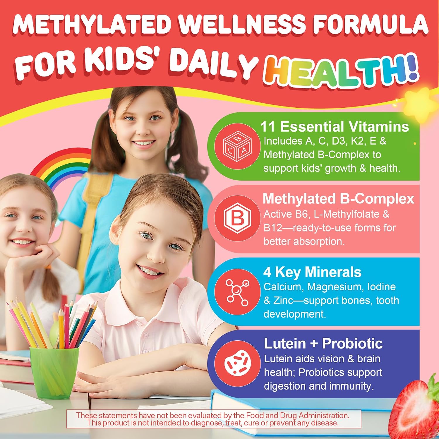Kids Multivitamin Gummies + Calcium, Probiotics, Vitamin D3, C, Methylated B12 & Methylfolate, B6, A, K2, E, Zinc, Prebiotics for Children Ages 4+, Clean & Sugar Free, for Nutritional Support, 60 Cts - görsel 4