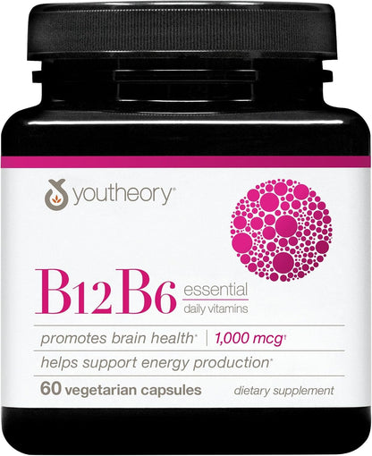 Youtheory Vitamin B12 B6, Daily Energy and Nervous System Support Supplement, Liquid Raspberry Flavour, 12 – 1 oz Single Serving Packets