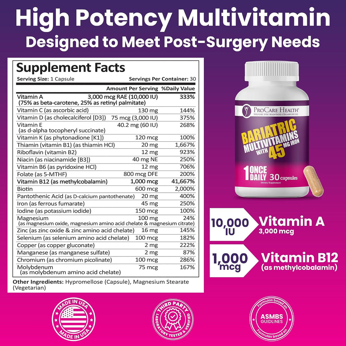 ProCare Health Bariatric Multivitamin with 45mg Iron – Once Daily Post-Surgery Support (30 Capsules) - görsel 3