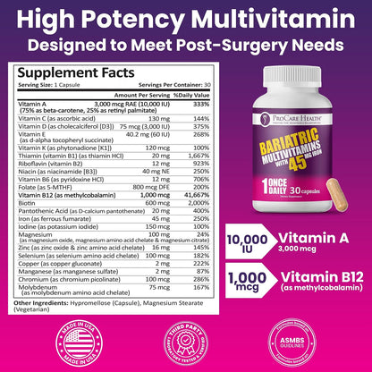ProCare Health Bariatric Multivitamin with 45mg Iron – Once Daily Post-Surgery Support (30 Capsules)